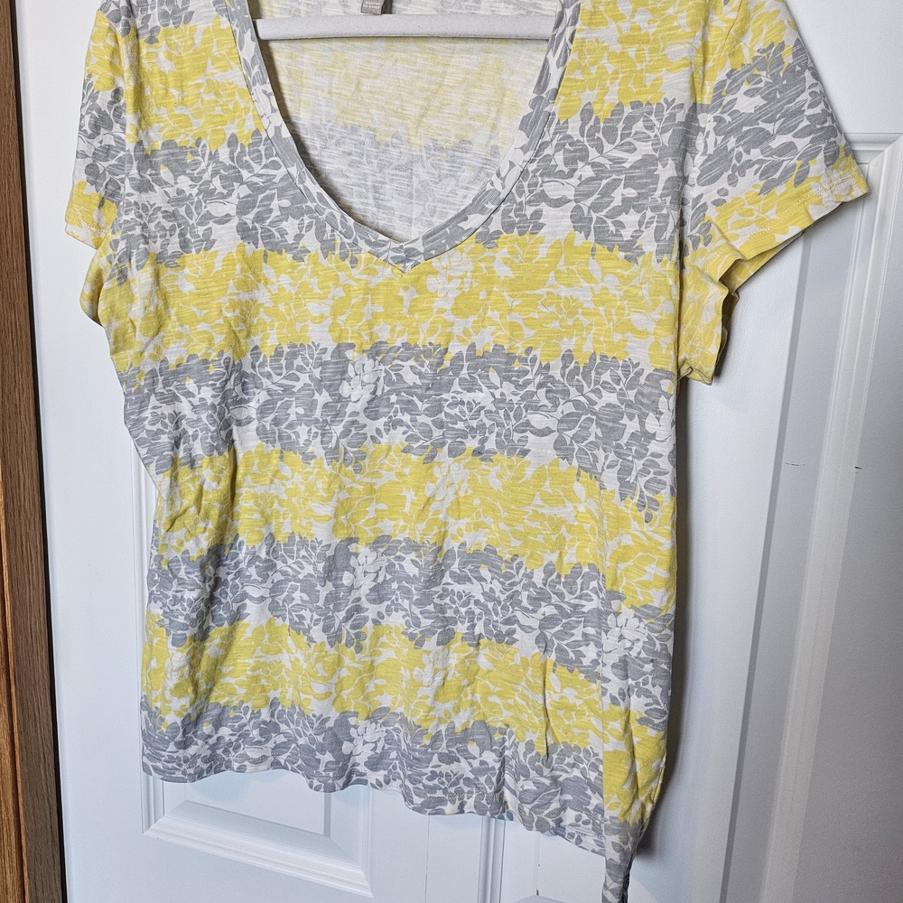 Banana Republic Yellow and Gray Striped Floral Tee